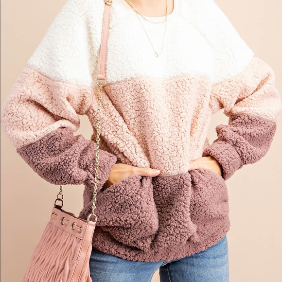 🆕 Fall Winter Sweater Weather Faux Sherpa Pullover With Pockets Long Sleeve - Picture 4 of 9